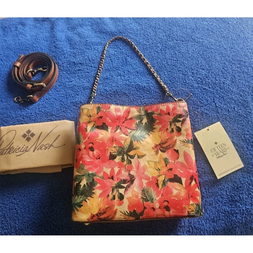 PATRICIA NASH Ledra Floral Multi Print Leather Bucket Bag w/ Crossbody Strap NEW